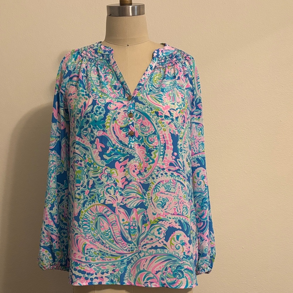 Printed Paisley Long-Sleeve Blouse - Pink & Blue